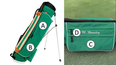 A green golf bag shown from two angles on a split white and grass background. The left side shows the full bag with a stand, white circular letter overlays labeled A and B, and tan leather accents.