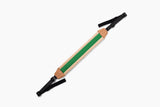A wooden walking stick with a natural wood finish, a vibrant green center stripe, and black adjustable webbing straps at both ends, shown on a plain white background.